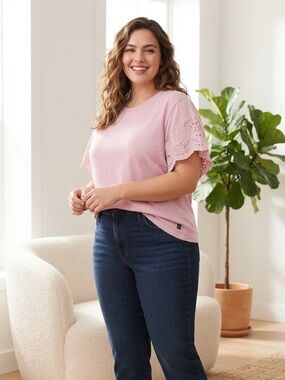 Women's Eyelet Sleeve Tee - Rose Dark Pink